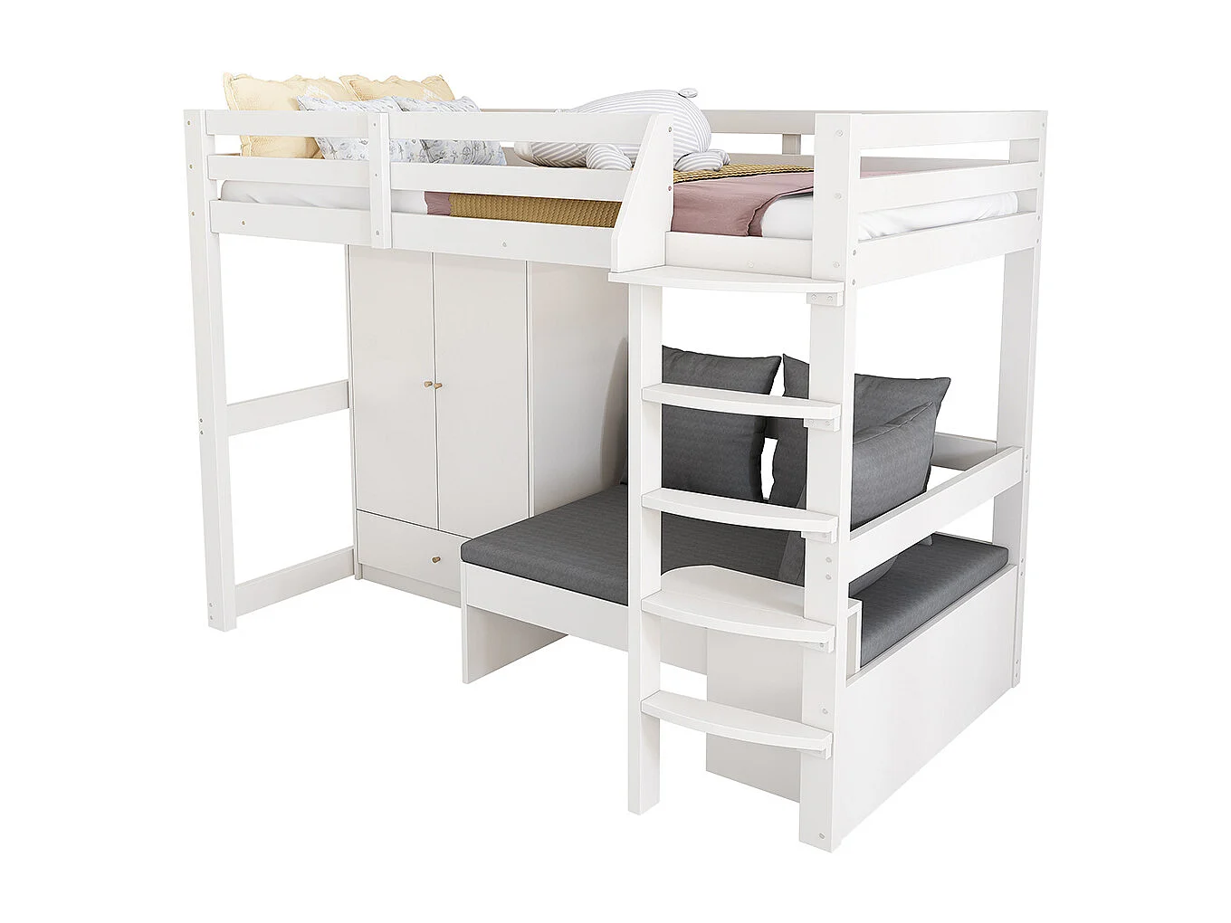 Lit mezzanine enfant 90x200 avec échelle armoire canapé 3 coussins tablette bois massif blanc