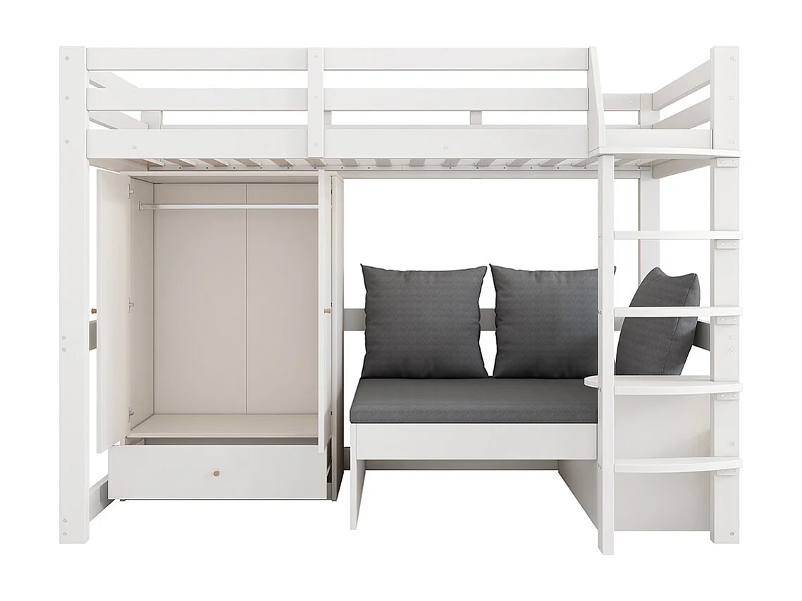 Lit mezzanine enfant 90x200 avec échelle armoire canapé 3 coussins tablette bois massif blanc