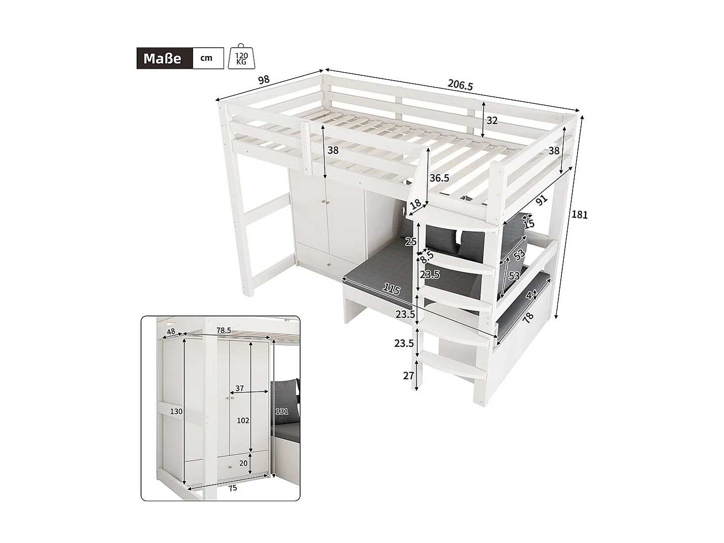 Lit mezzanine enfant 90x200 avec échelle armoire canapé 3 coussins tablette bois massif blanc