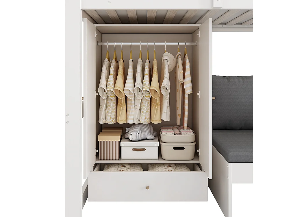 Lit mezzanine enfant 90x200 avec échelle armoire canapé 3 coussins tablette bois massif blanc