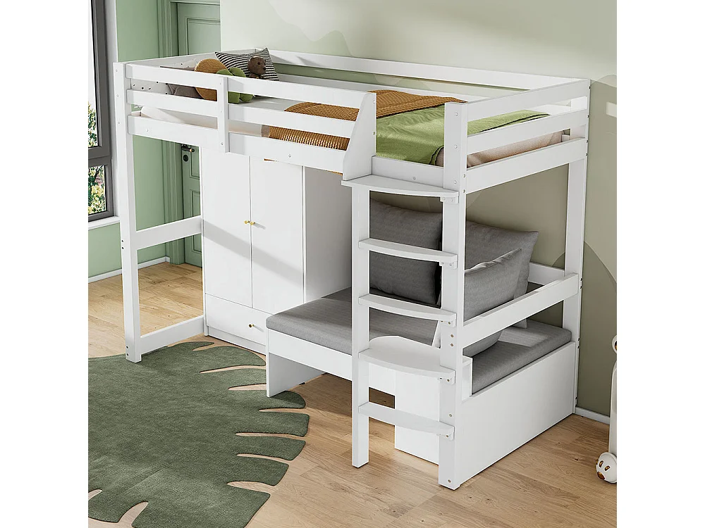 Lit mezzanine enfant 90x200 avec échelle armoire canapé 3 coussins tablette bois massif blanc