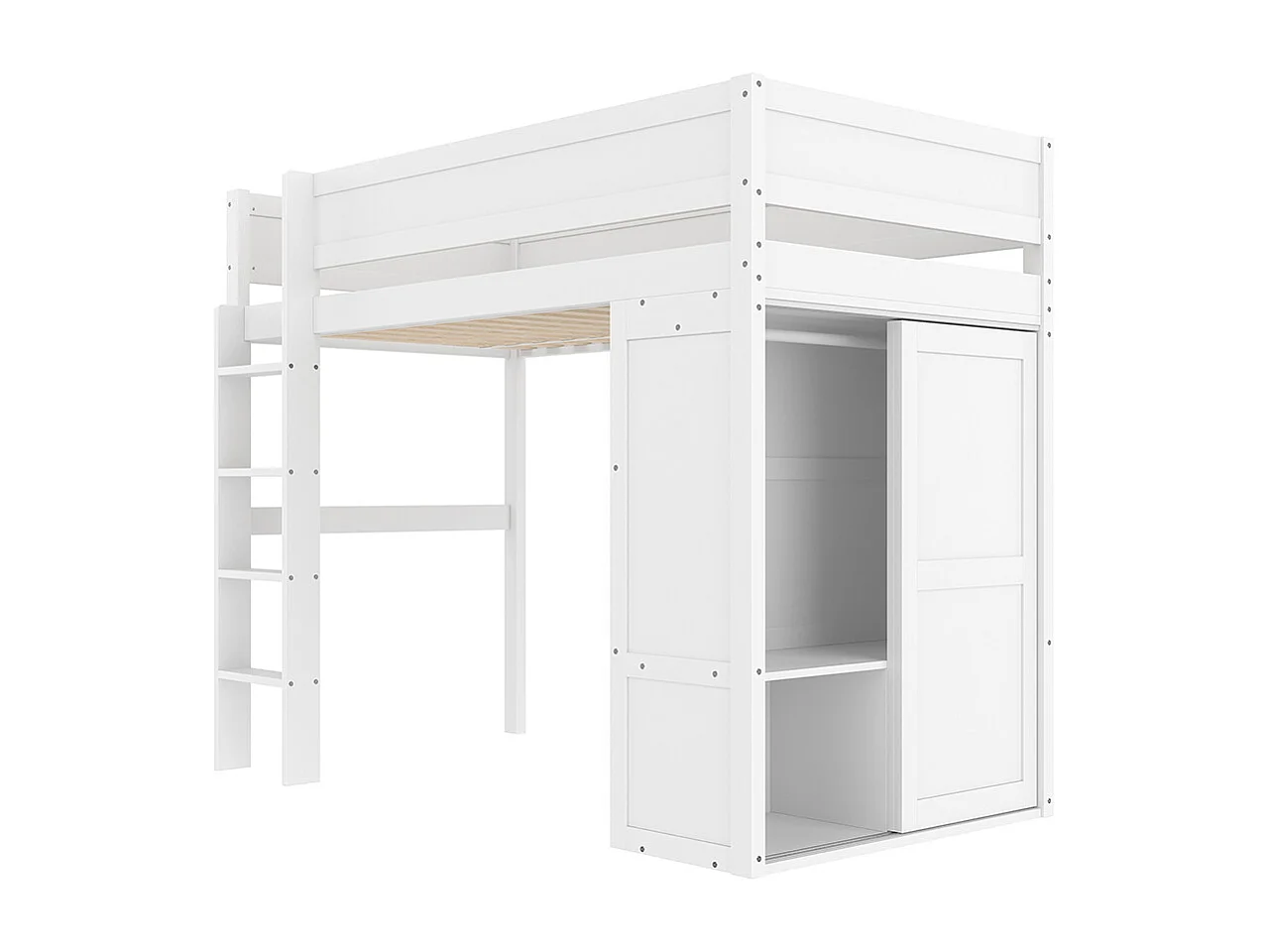 Lit mezzanine 90x200 cm lit enfant équipé d'une armoire d'un compartiment de rangement d'un espace de rangement ouvert sous le lit pin blanc