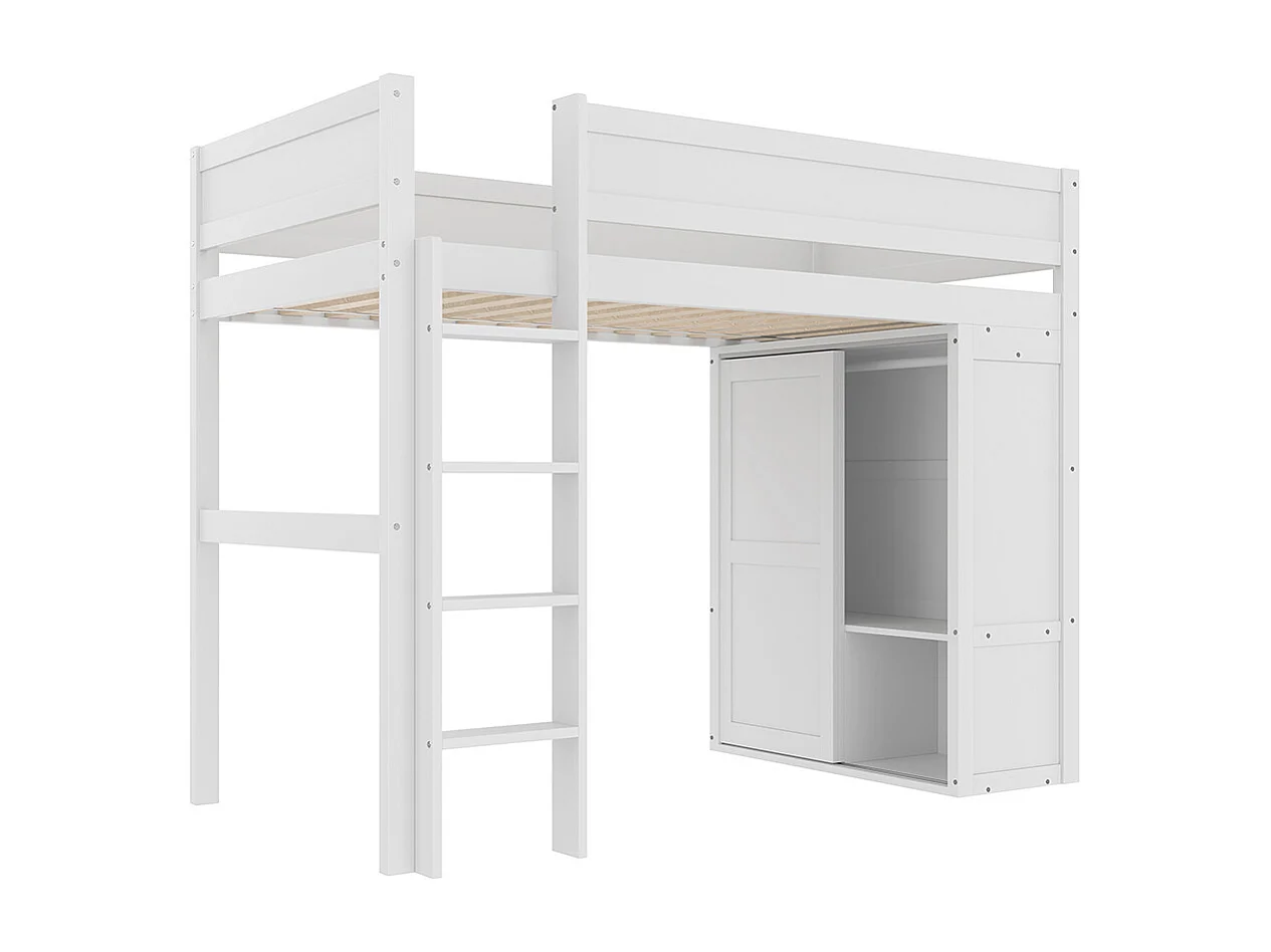 Lit mezzanine 90x200 cm lit enfant équipé d'une armoire d'un compartiment de rangement d'un espace de rangement ouvert sous le lit pin blanc