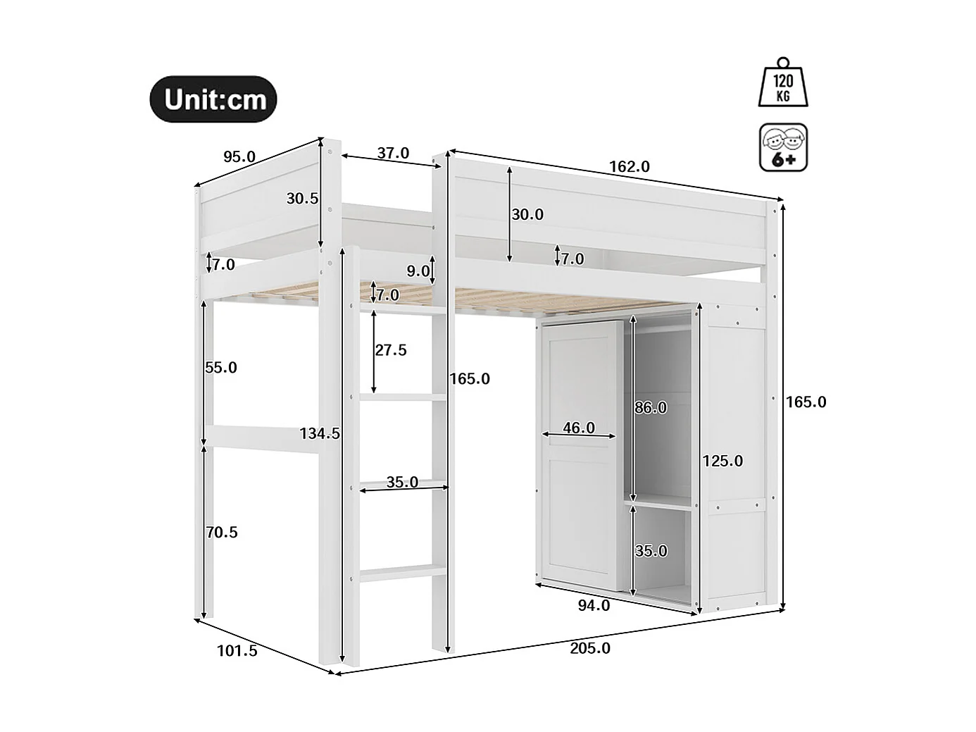Lit mezzanine 90x200 cm lit enfant équipé d'une armoire d'un compartiment de rangement d'un espace de rangement ouvert sous le lit pin blanc