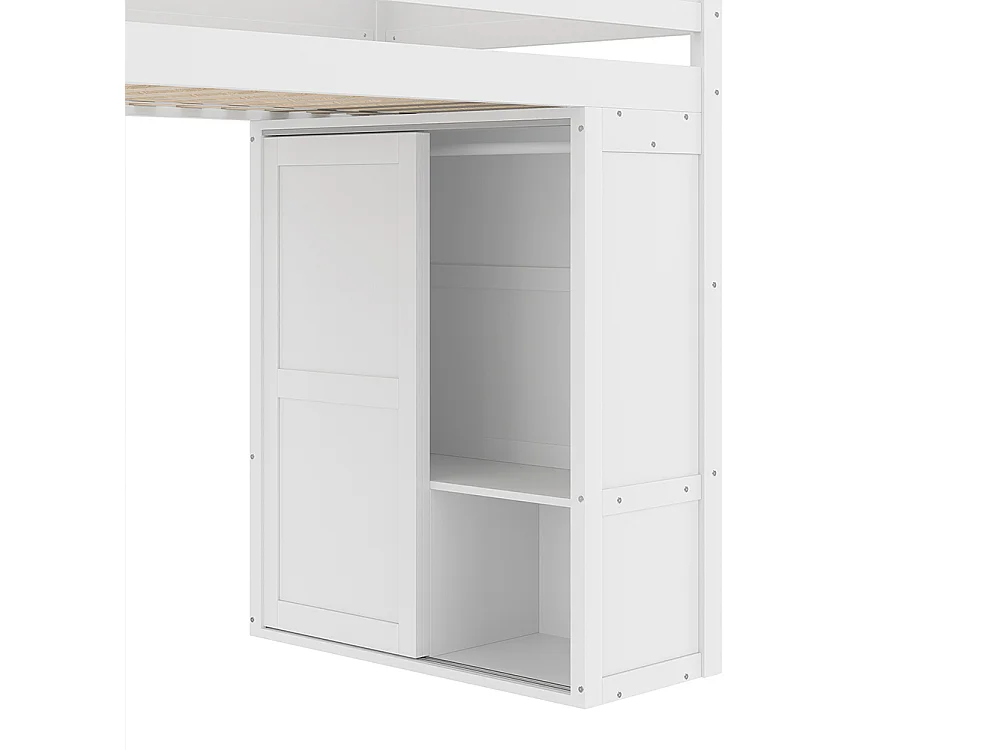 Lit mezzanine 90x200 cm lit enfant équipé d'une armoire d'un compartiment de rangement d'un espace de rangement ouvert sous le lit pin blanc