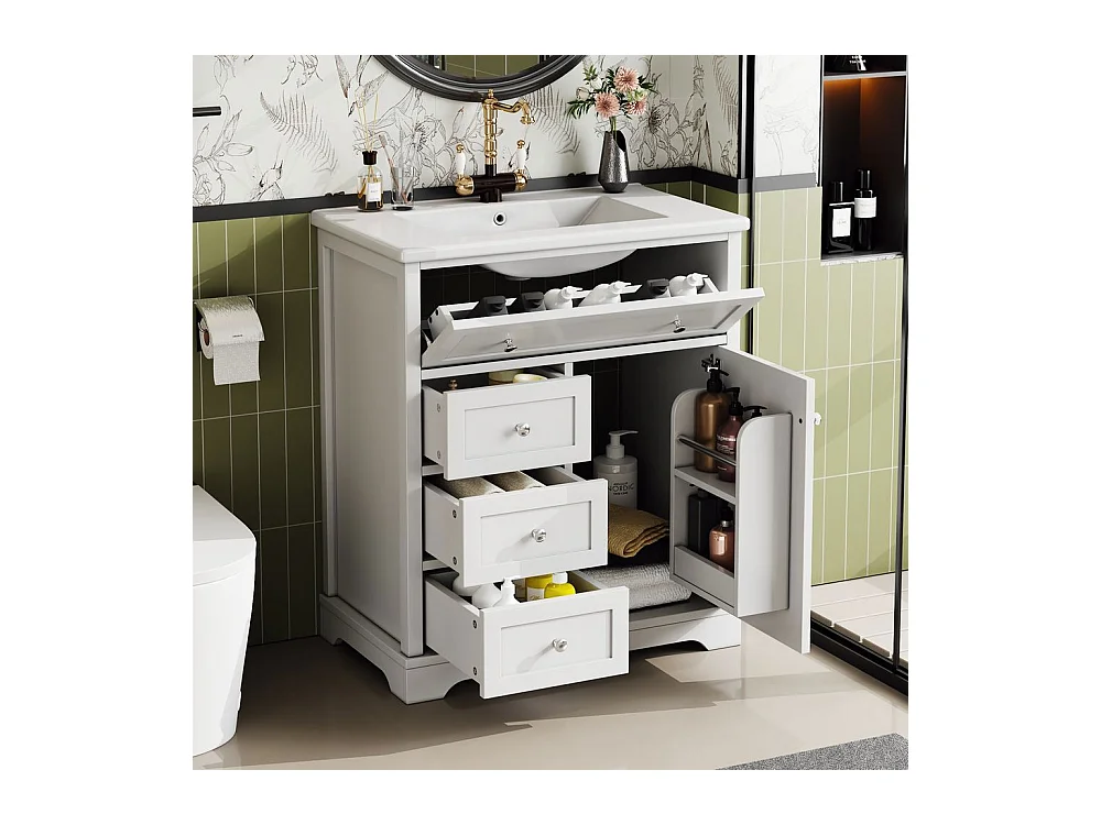 Meuble salle de bain lavabo vasque peinture pulverisee trois tiroirs fermeture douce etageres porte tiroir rabattable vasque ceramique integre blanc