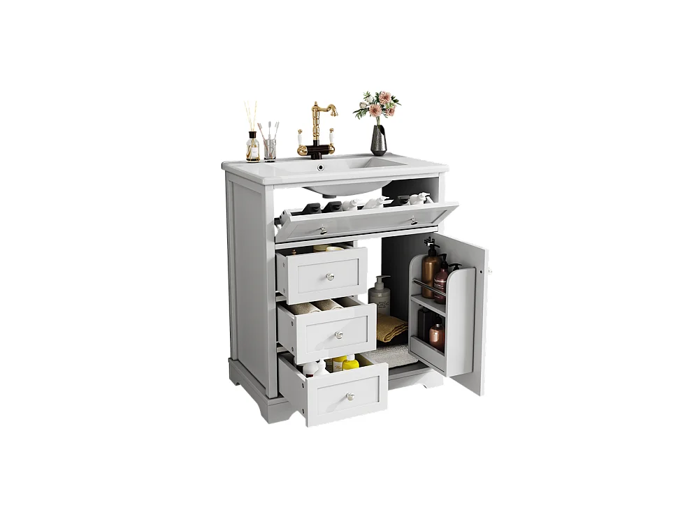 Meuble salle de bain lavabo vasque peinture pulverisee trois tiroirs fermeture douce etageres porte tiroir rabattable vasque ceramique integre blanc