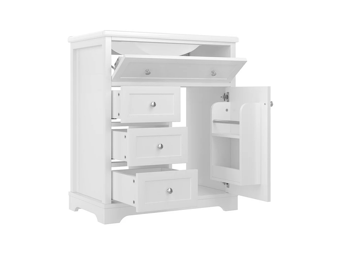 Meuble salle de bain lavabo vasque peinture pulverisee trois tiroirs fermeture douce etageres porte tiroir rabattable vasque ceramique integre blanc