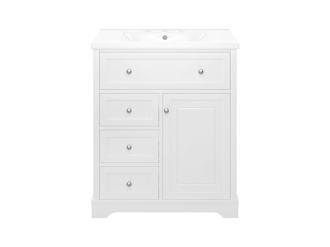 Meuble salle de bain lavabo vasque peinture pulverisee trois tiroirs fermeture douce etageres porte tiroir rabattable vasque ceramique integre blanc
