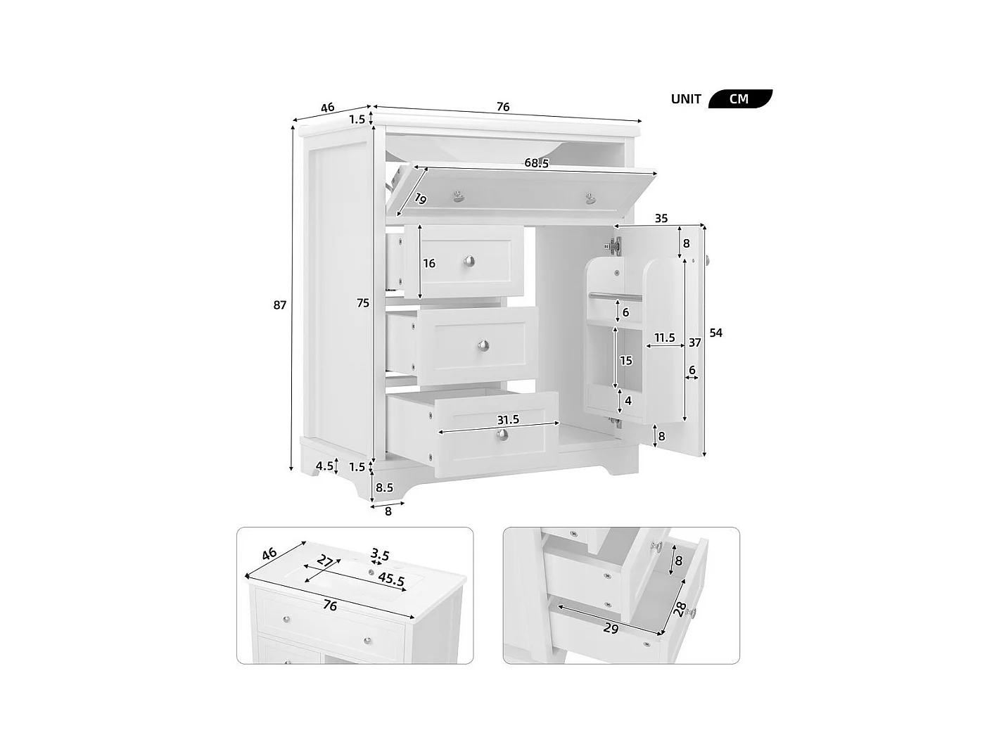 Meuble salle de bain lavabo vasque peinture pulverisee trois tiroirs fermeture douce etageres porte tiroir rabattable vasque ceramique integre blanc