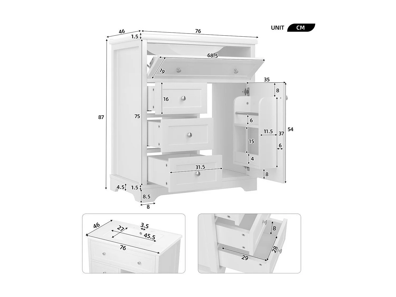 Meuble salle de bain lavabo vasque peinture pulverisee trois tiroirs fermeture douce etageres porte tiroir rabattable vasque ceramique integre blanc
