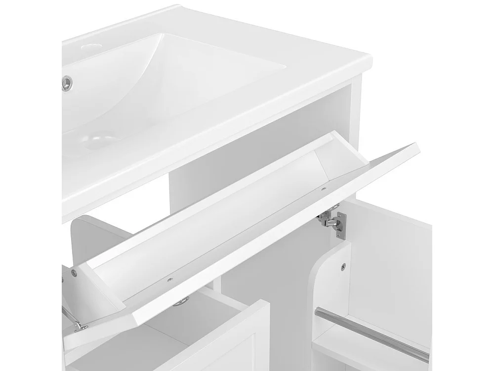 Meuble salle de bain lavabo vasque peinture pulverisee trois tiroirs fermeture douce etageres porte tiroir rabattable vasque ceramique integre blanc