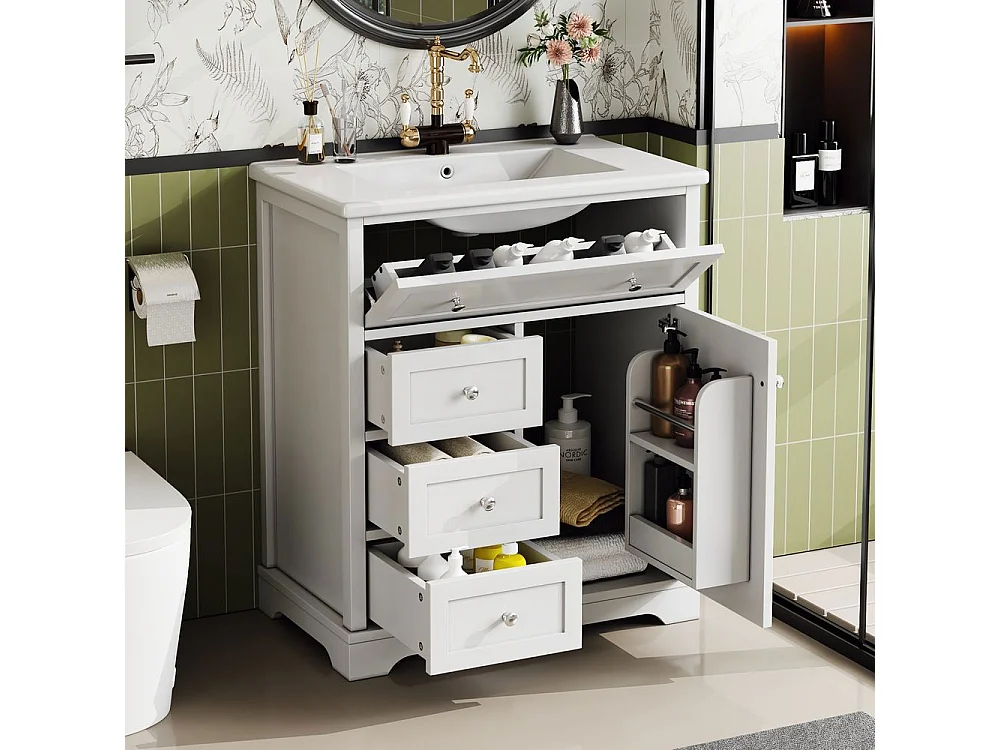 Meuble salle de bain lavabo vasque peinture pulverisee trois tiroirs fermeture douce etageres porte tiroir rabattable vasque ceramique integre blanc