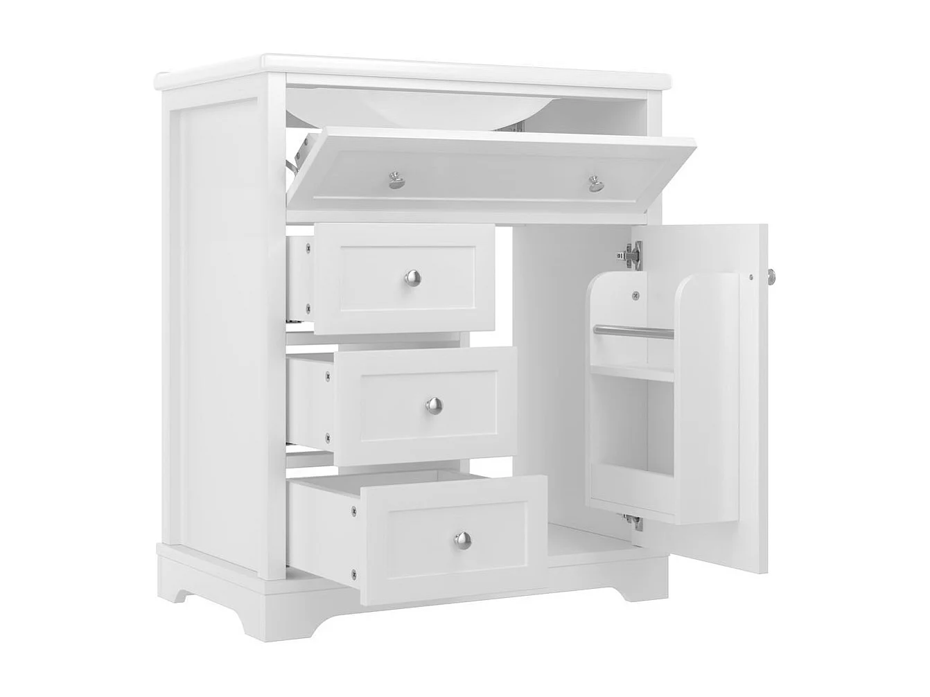 Meuble salle de bain lavabo vasque peinture pulverisee trois tiroirs fermeture douce etageres porte tiroir rabattable vasque ceramique integre blanc