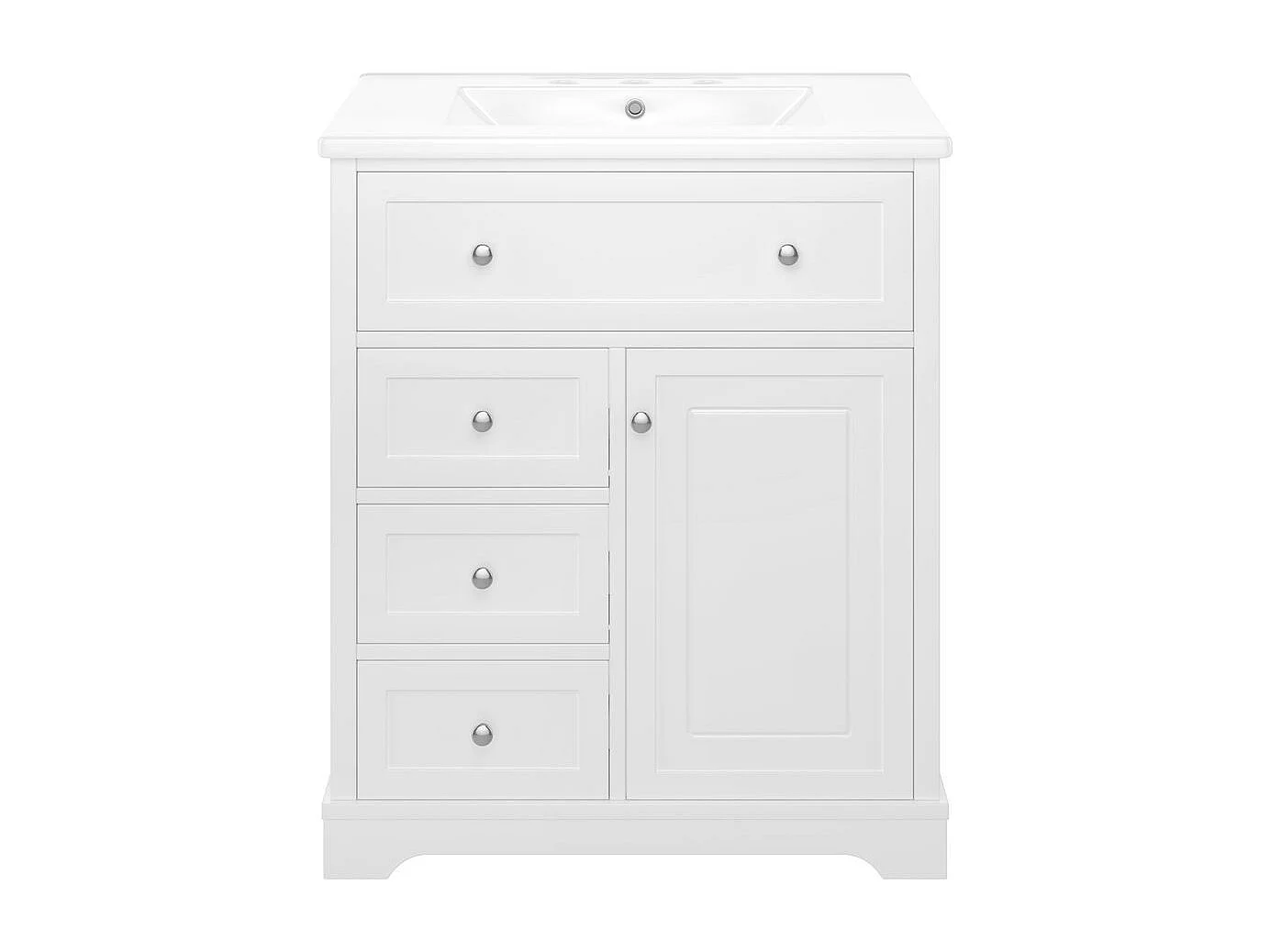 Meuble salle de bain lavabo vasque peinture pulverisee trois tiroirs fermeture douce etageres porte tiroir rabattable vasque ceramique integre blanc