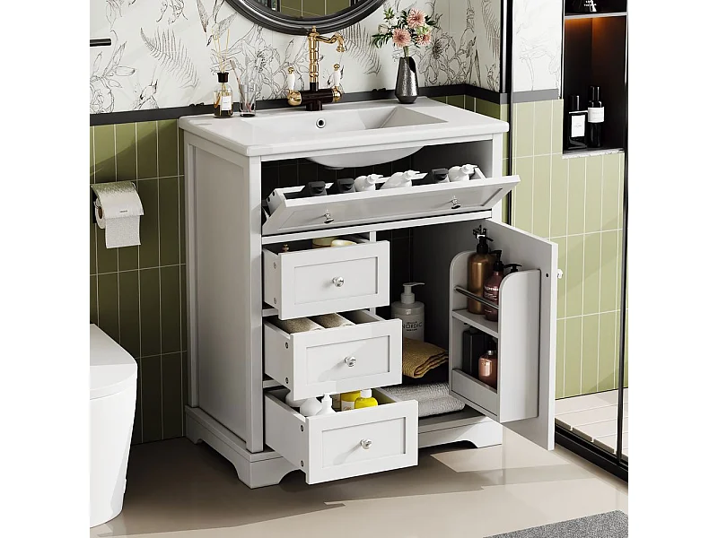 Meuble salle de bain lavabo vasque peinture pulverisee trois tiroirs fermeture douce etageres porte tiroir rabattable vasque ceramique integre blanc