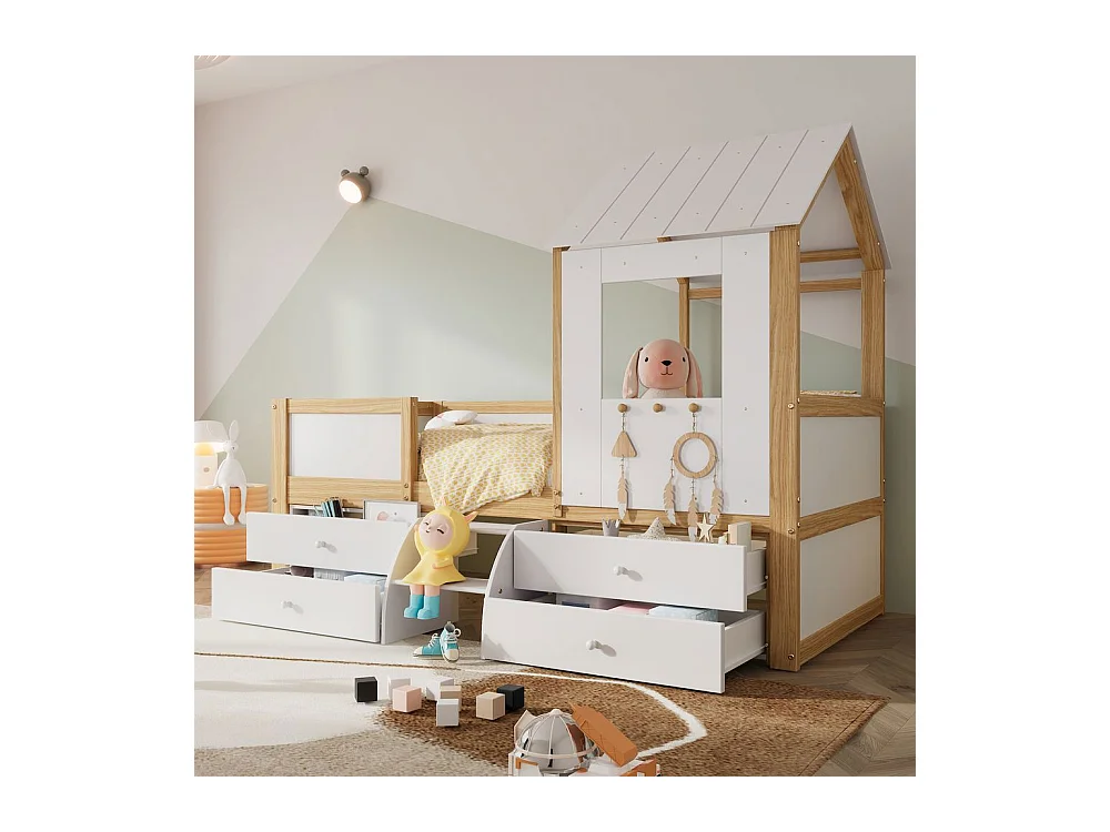 Lit mi-hauteur 90x200 cm maison toit fenêtre barrière quatre côtés 4 tiroirs petit escalier pin MDF contreplaqué blanc naturel