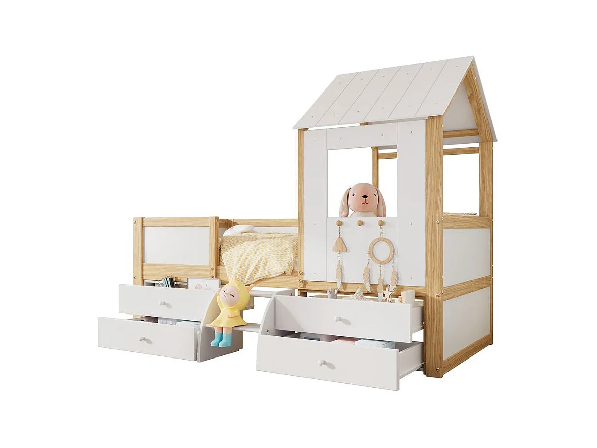 Lit mi-hauteur 90x200 cm maison toit fenêtre barrière quatre côtés 4 tiroirs petit escalier pin MDF contreplaqué blanc naturel