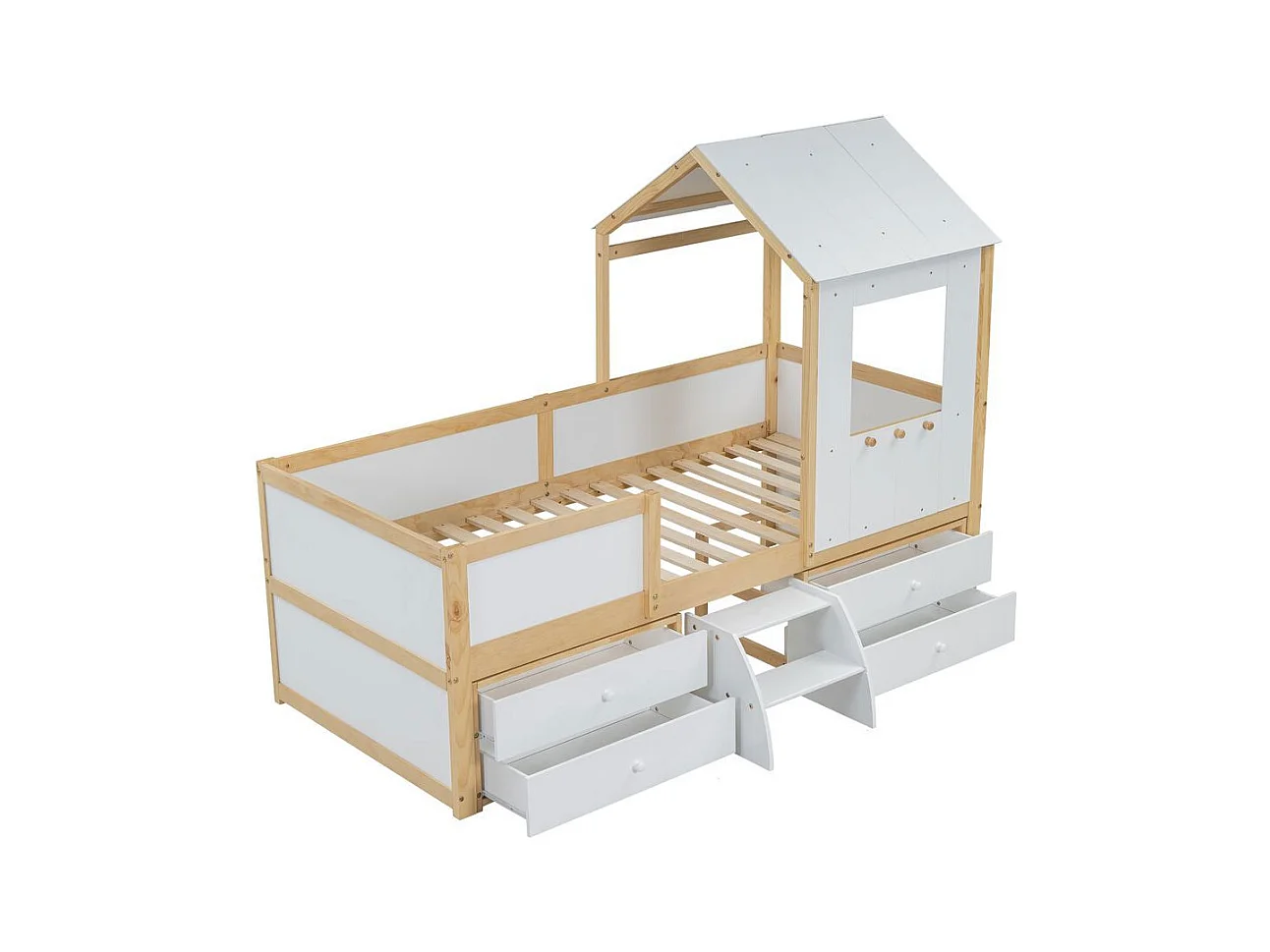 Lit mi-hauteur 90x200 cm maison toit fenêtre barrière quatre côtés 4 tiroirs petit escalier pin MDF contreplaqué blanc naturel
