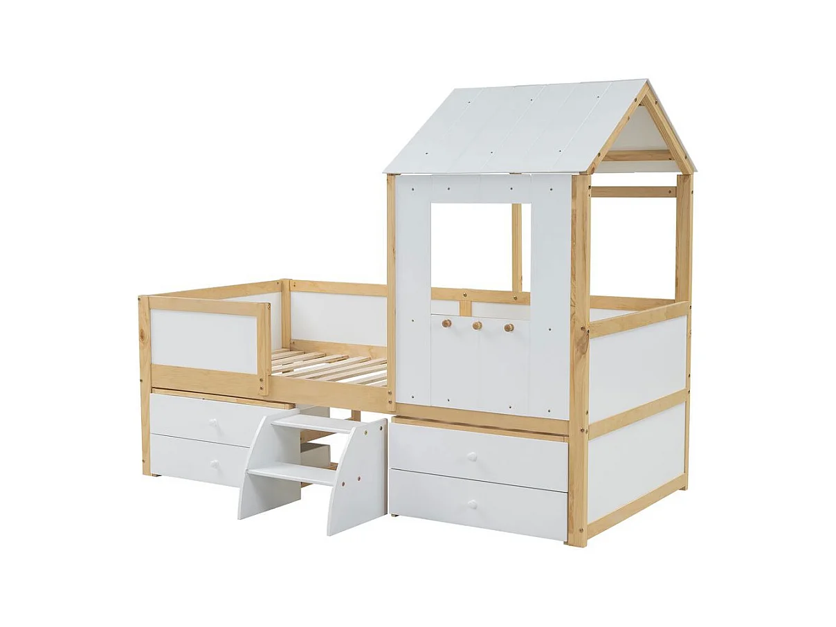 Lit mi-hauteur 90x200 cm maison toit fenêtre barrière quatre côtés 4 tiroirs petit escalier pin MDF contreplaqué blanc naturel