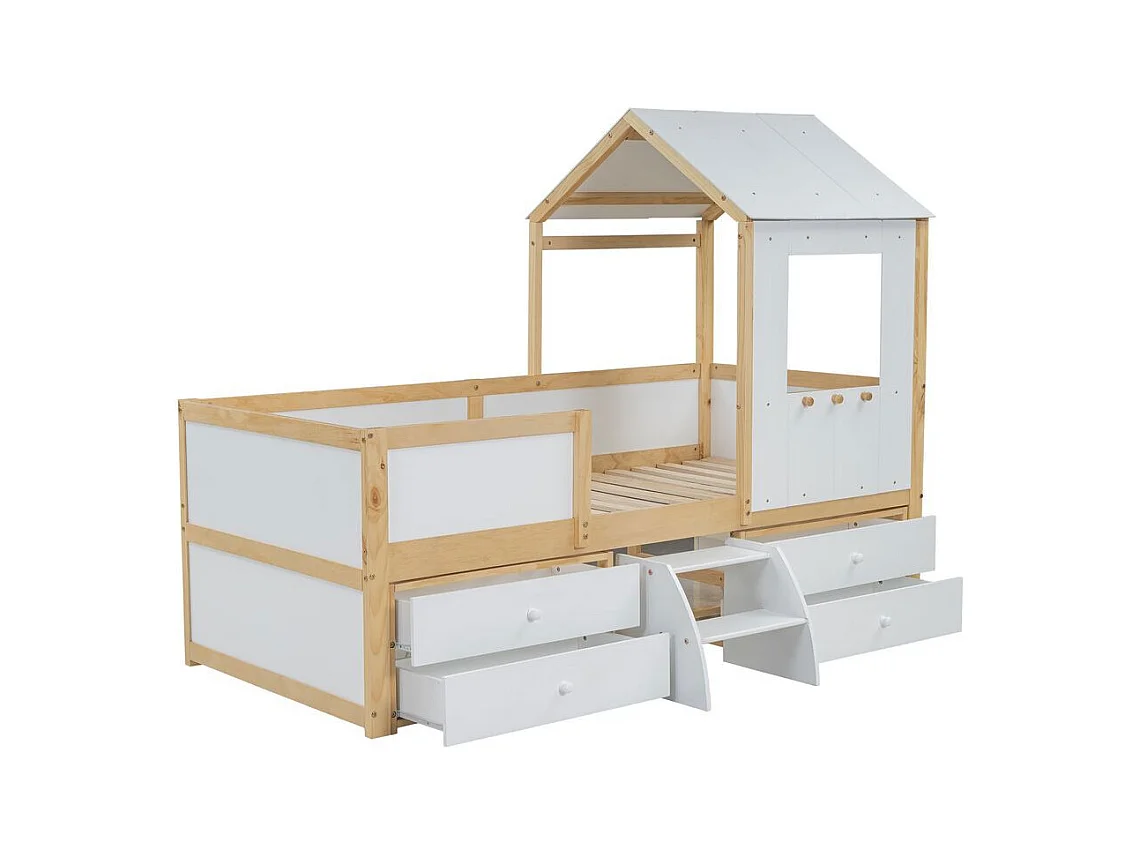 Lit mi-hauteur 90x200 cm maison toit fenêtre barrière quatre côtés 4 tiroirs petit escalier pin MDF contreplaqué blanc naturel