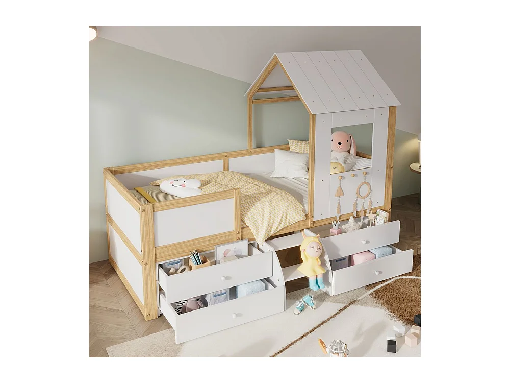 Lit mi-hauteur 90x200 cm maison toit fenêtre barrière quatre côtés 4 tiroirs petit escalier pin MDF contreplaqué blanc naturel