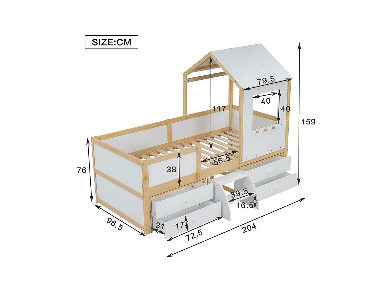 Lit mi-hauteur 90x200 cm maison toit fenêtre barrière quatre côtés 4 tiroirs petit escalier pin MDF contreplaqué blanc naturel