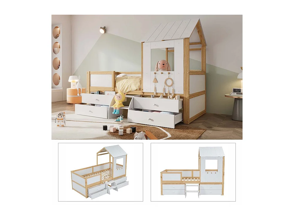 Lit mi-hauteur 90x200 cm maison toit fenêtre barrière quatre côtés 4 tiroirs petit escalier pin MDF contreplaqué blanc naturel
