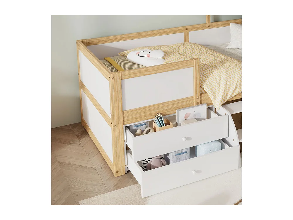 Lit mi-hauteur 90x200 cm maison toit fenêtre barrière quatre côtés 4 tiroirs petit escalier pin MDF contreplaqué blanc naturel