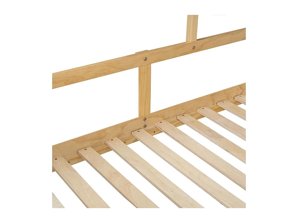 Lit mi-hauteur 90x200 cm maison toit fenêtre barrière quatre côtés 4 tiroirs petit escalier pin MDF contreplaqué blanc naturel