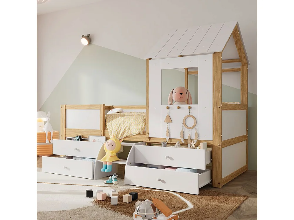 Lit mi-hauteur 90x200 cm maison toit fenêtre barrière quatre côtés 4 tiroirs petit escalier pin MDF contreplaqué blanc naturel