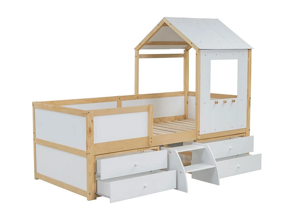 Lit mi-hauteur 90x200 cm maison toit fenêtre barrière quatre côtés 4 tiroirs petit escalier pin MDF contreplaqué blanc naturel