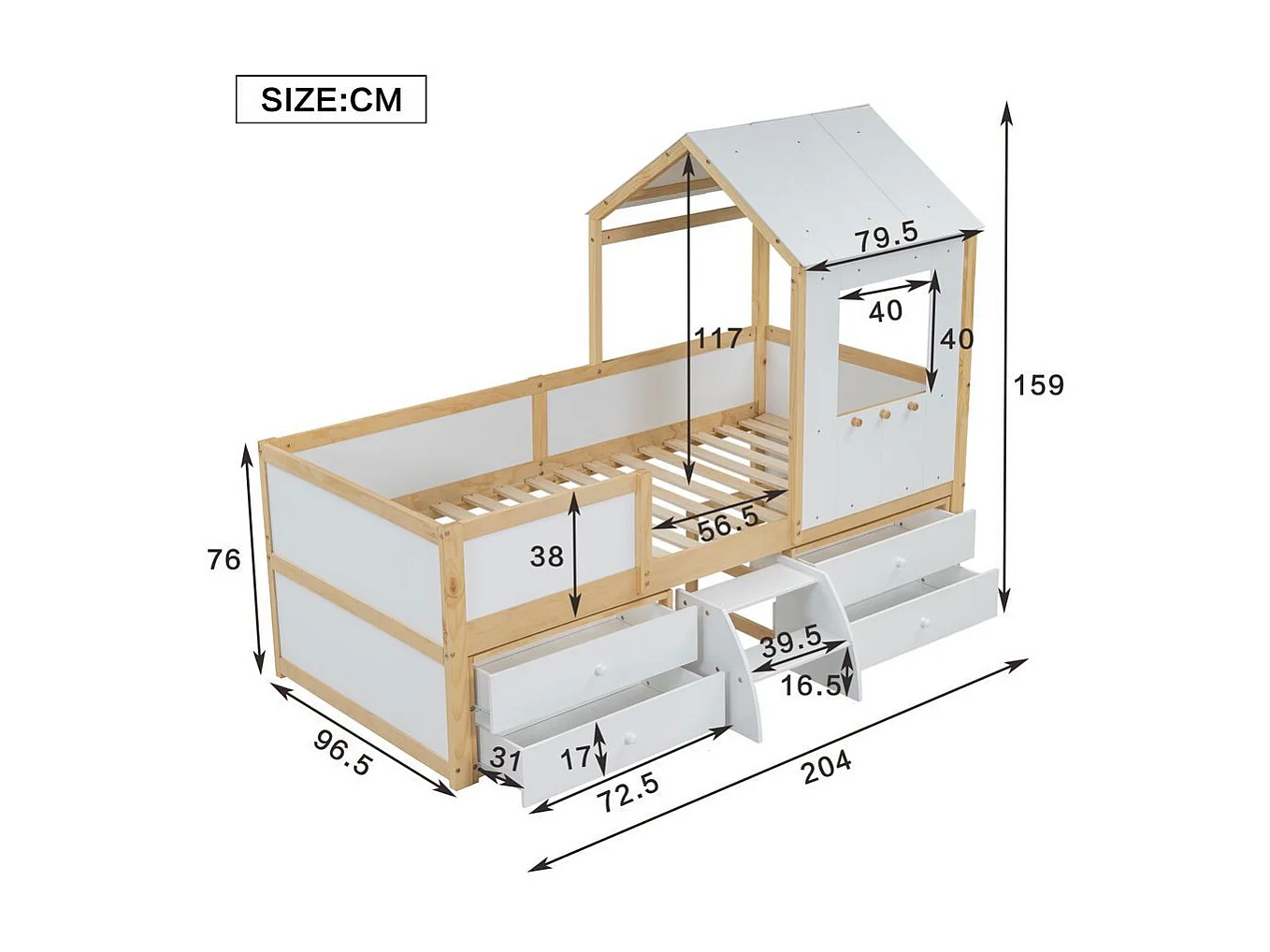 Lit mi-hauteur 90x200 cm maison toit fenêtre barrière quatre côtés 4 tiroirs petit escalier pin MDF contreplaqué blanc naturel