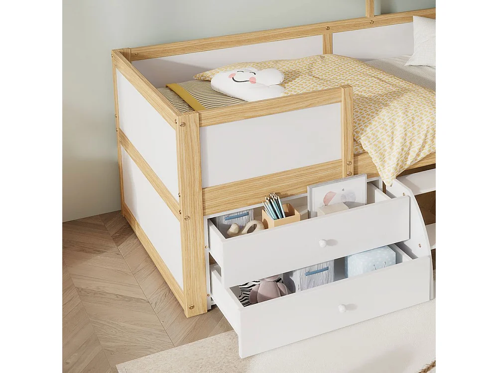 Lit mi-hauteur 90x200 cm maison toit fenêtre barrière quatre côtés 4 tiroirs petit escalier pin MDF contreplaqué blanc naturel