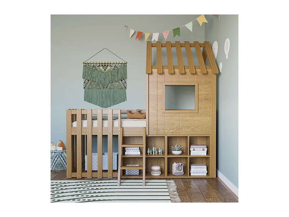 Lit mezzanine 90x200 avec toit et fenêtre avec espace de rangement ouvert avec échelle couleur naturel