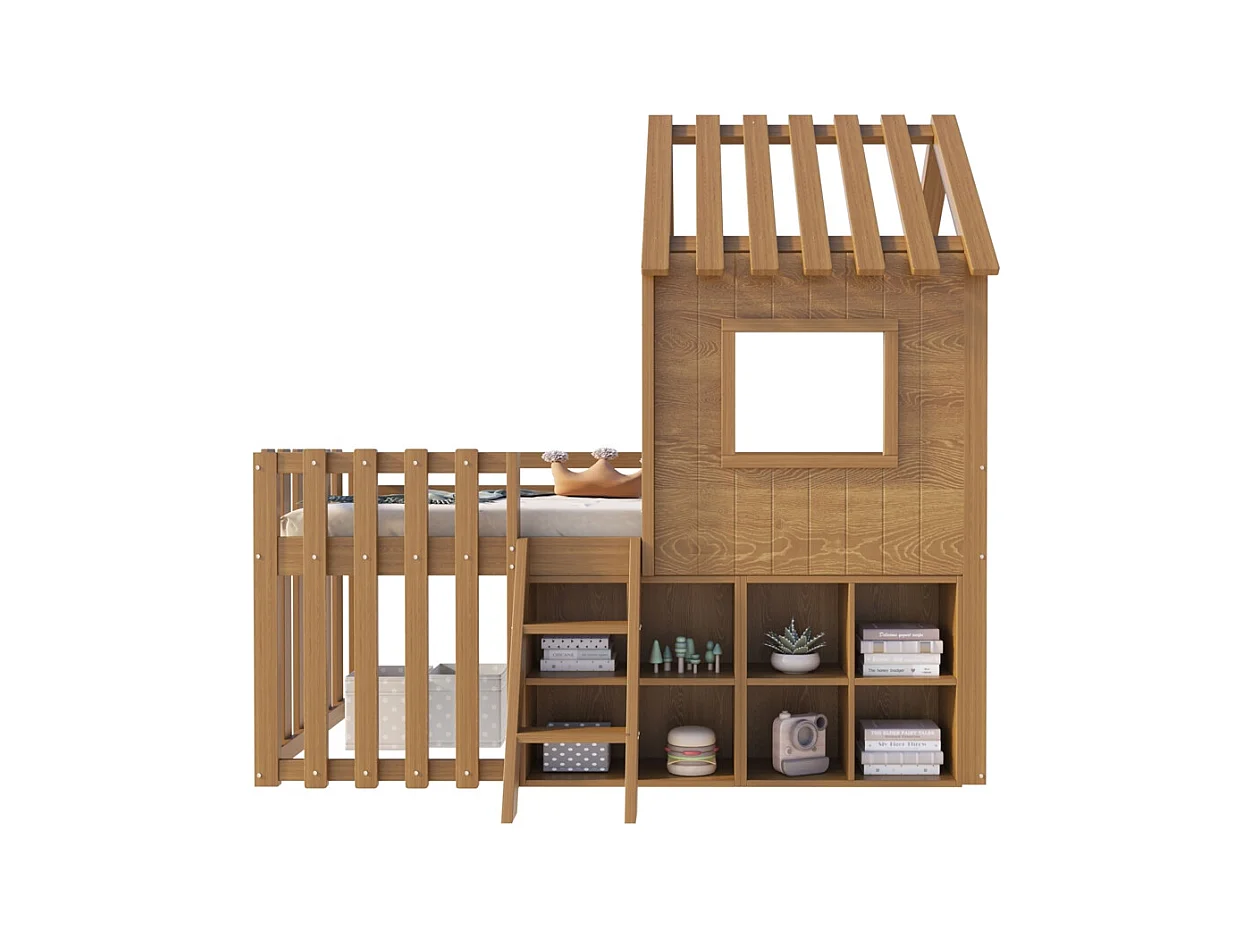 Lit mezzanine 90x200 avec toit et fenêtre avec espace de rangement ouvert avec échelle couleur naturel