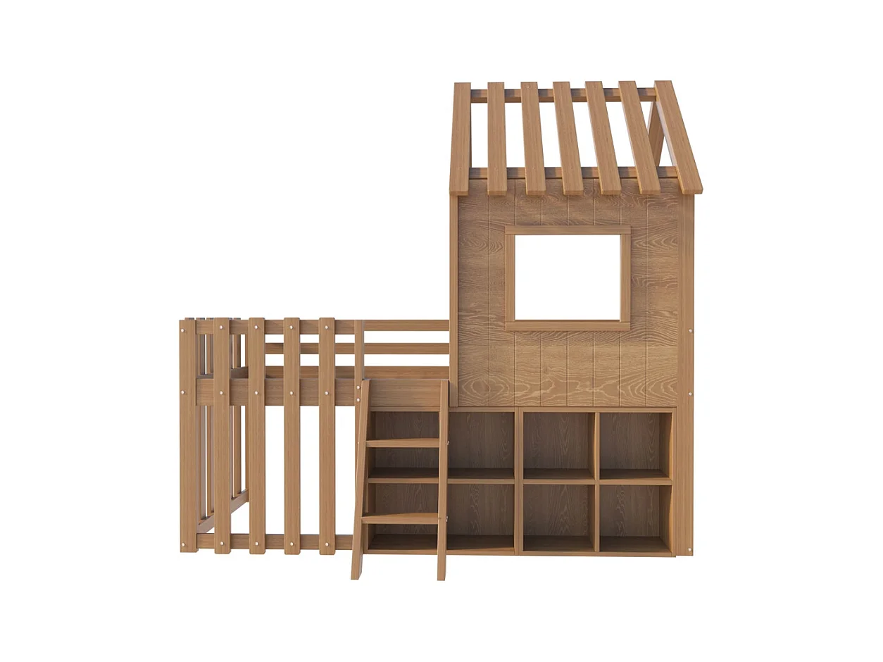 Lit mezzanine 90x200 avec toit et fenêtre avec espace de rangement ouvert avec échelle couleur naturel