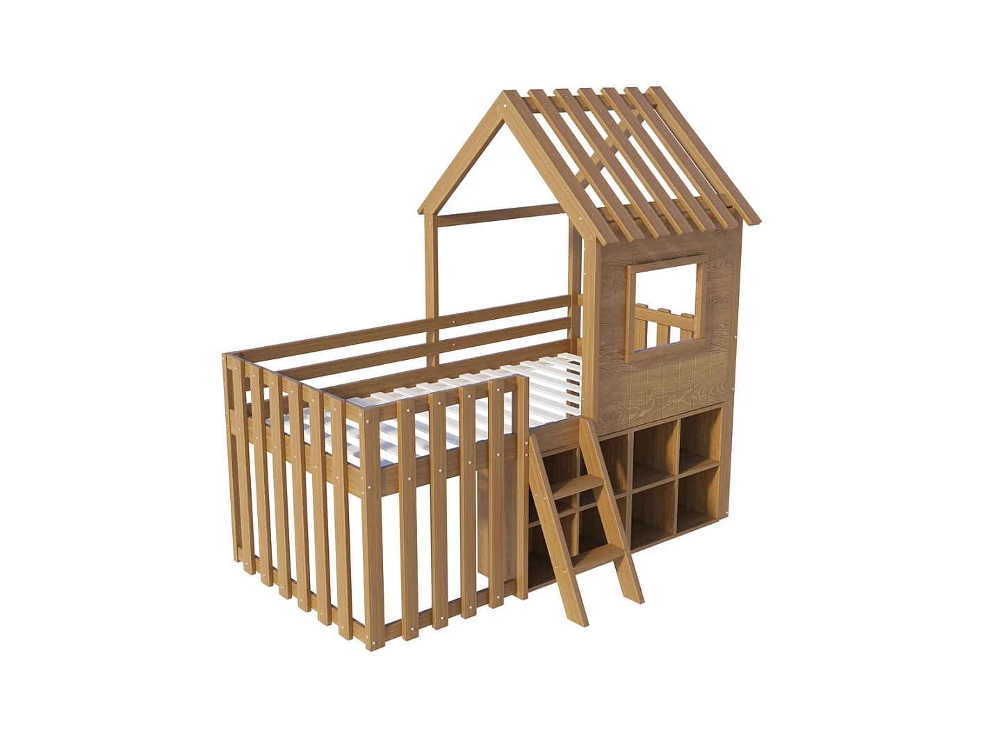 Lit mezzanine 90x200 avec toit et fenêtre avec espace de rangement ouvert avec échelle couleur naturel