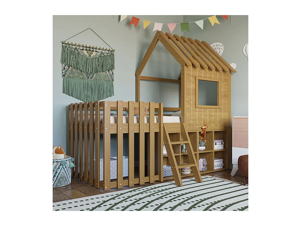 Lit mezzanine 90x200 avec toit et fenêtre avec espace de rangement ouvert avec échelle couleur naturel