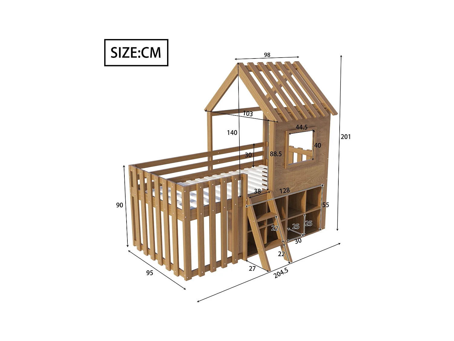 Lit mezzanine 90x200 avec toit et fenêtre avec espace de rangement ouvert avec échelle couleur naturel