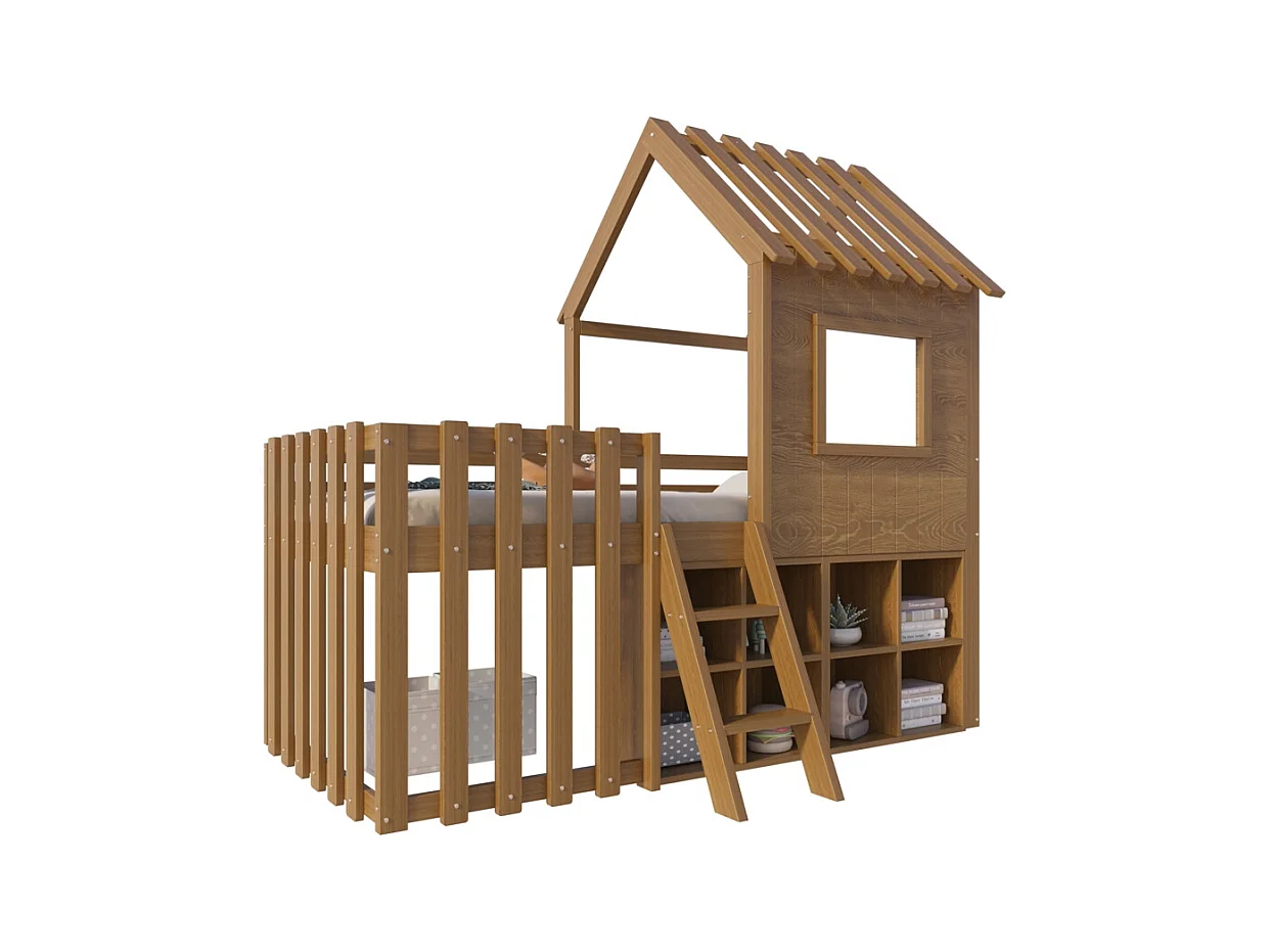 Lit mezzanine 90x200 avec toit et fenêtre avec espace de rangement ouvert avec échelle couleur naturel