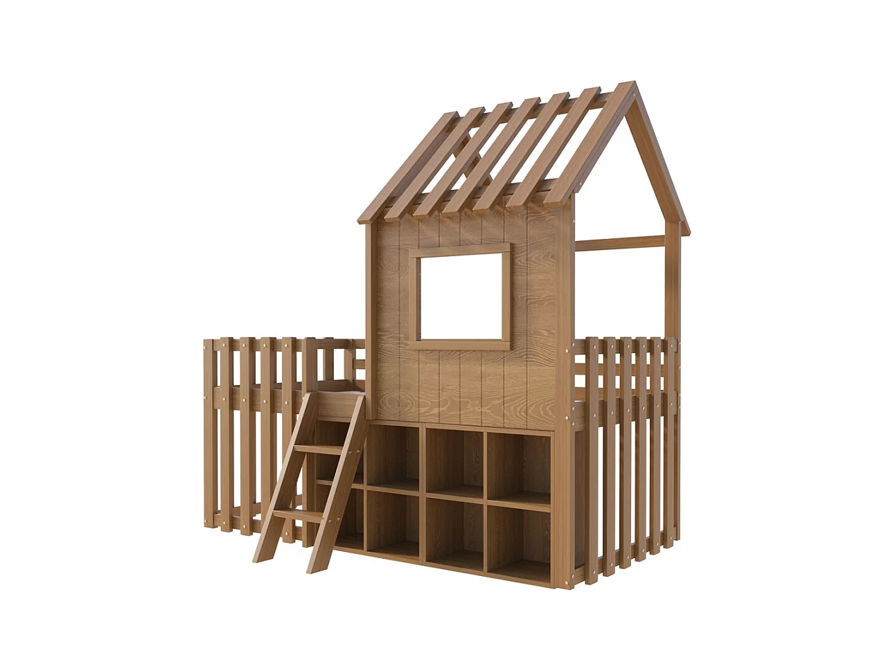 Lit mezzanine 90x200 avec toit et fenêtre avec espace de rangement ouvert avec échelle couleur naturel