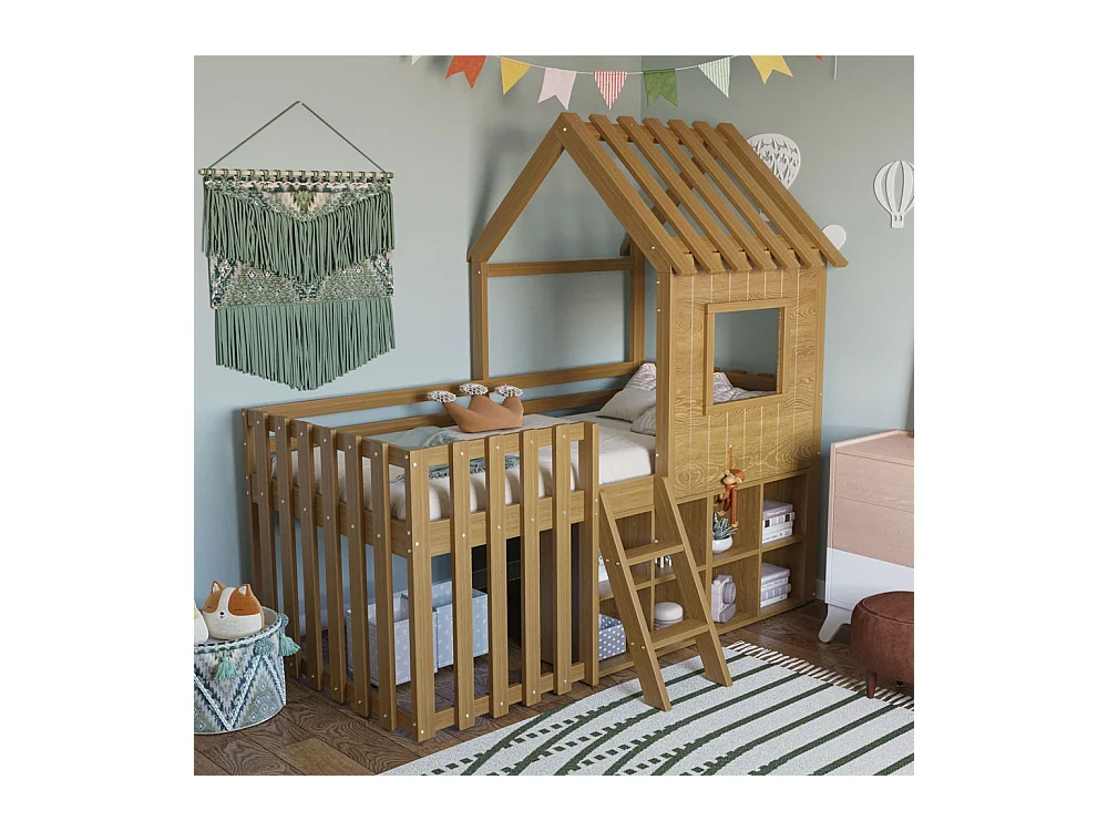 Lit mezzanine 90x200 avec toit et fenêtre avec espace de rangement ouvert avec échelle couleur naturel