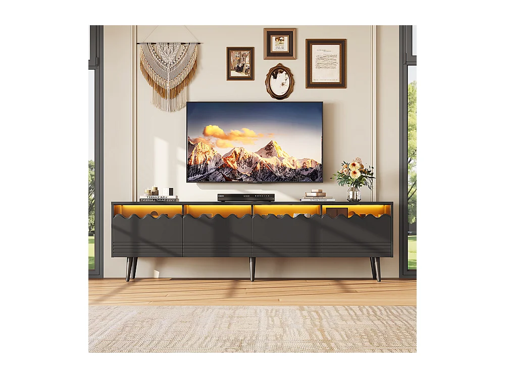 Meuble TV 176x38x45 cm noir 2 armoires 2 tiroirs 6 pieds adapté 75 pouces