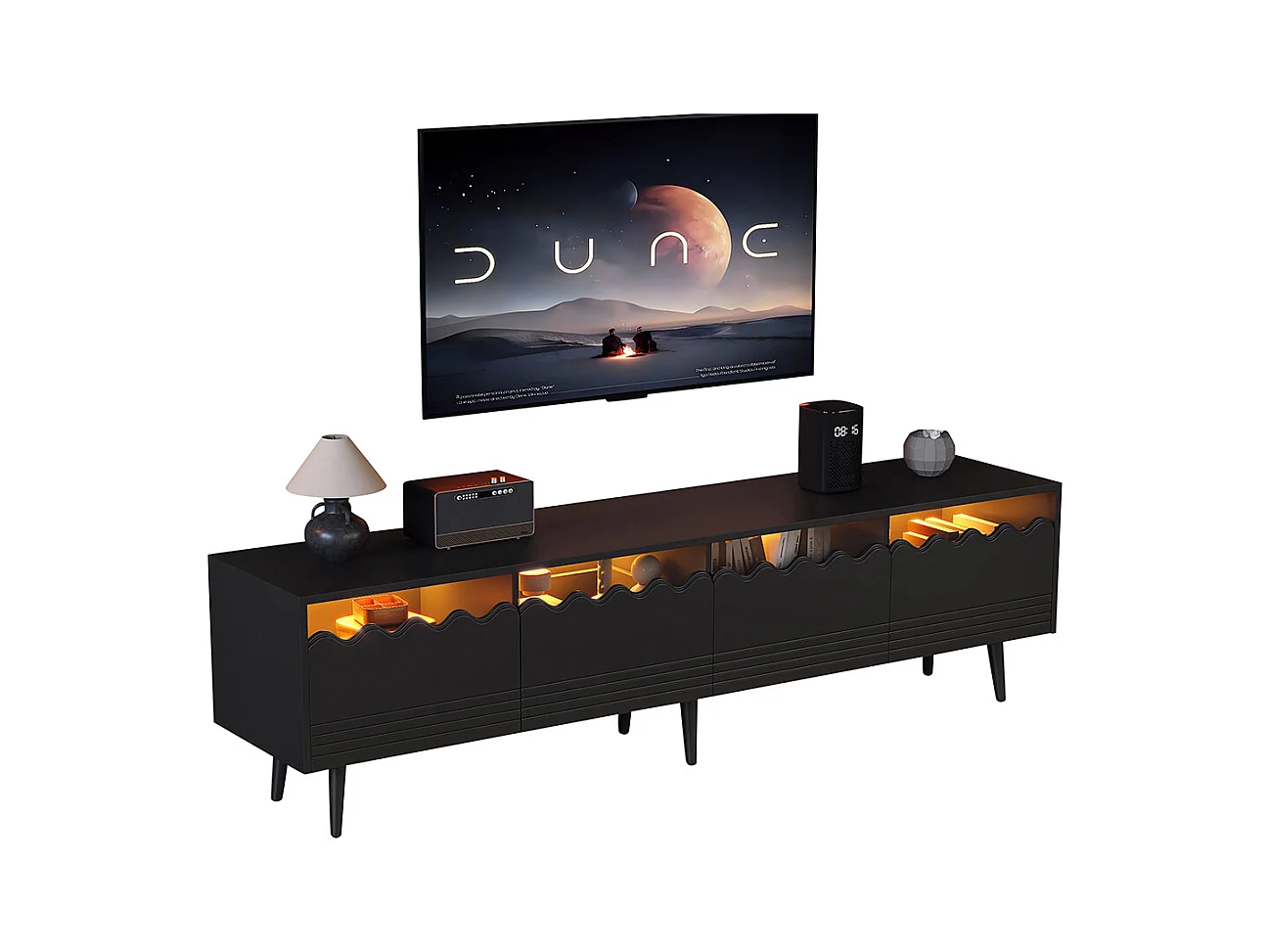 Meuble TV 176x38x45 cm noir 2 armoires 2 tiroirs 6 pieds adapté 75 pouces