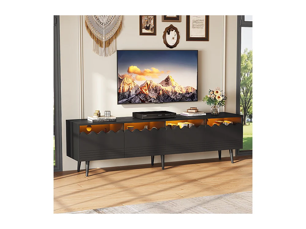 Meuble TV 176x38x45 cm noir 2 armoires 2 tiroirs 6 pieds adapté 75 pouces
