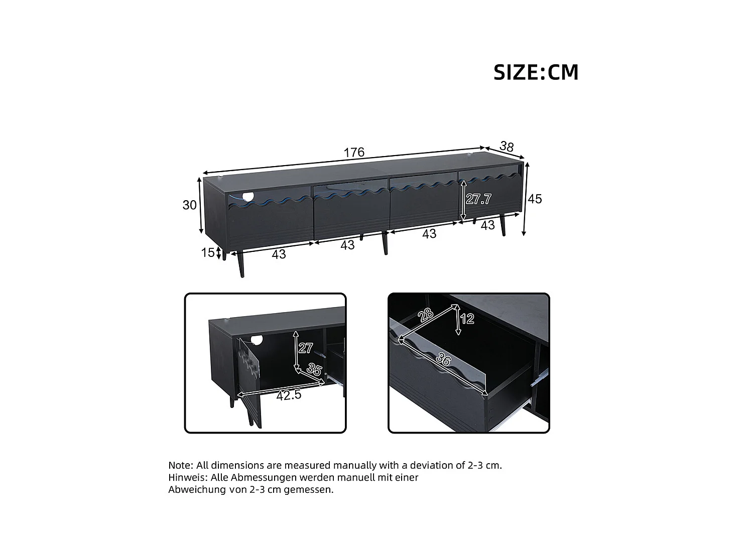 Meuble TV 176x38x45 cm noir 2 armoires 2 tiroirs 6 pieds adapté 75 pouces