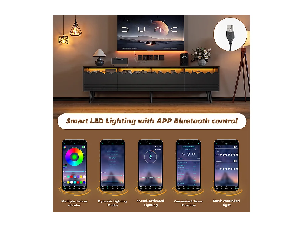 Meuble TV 176x38x45 cm noir 2 armoires 2 tiroirs 6 pieds adapté 75 pouces