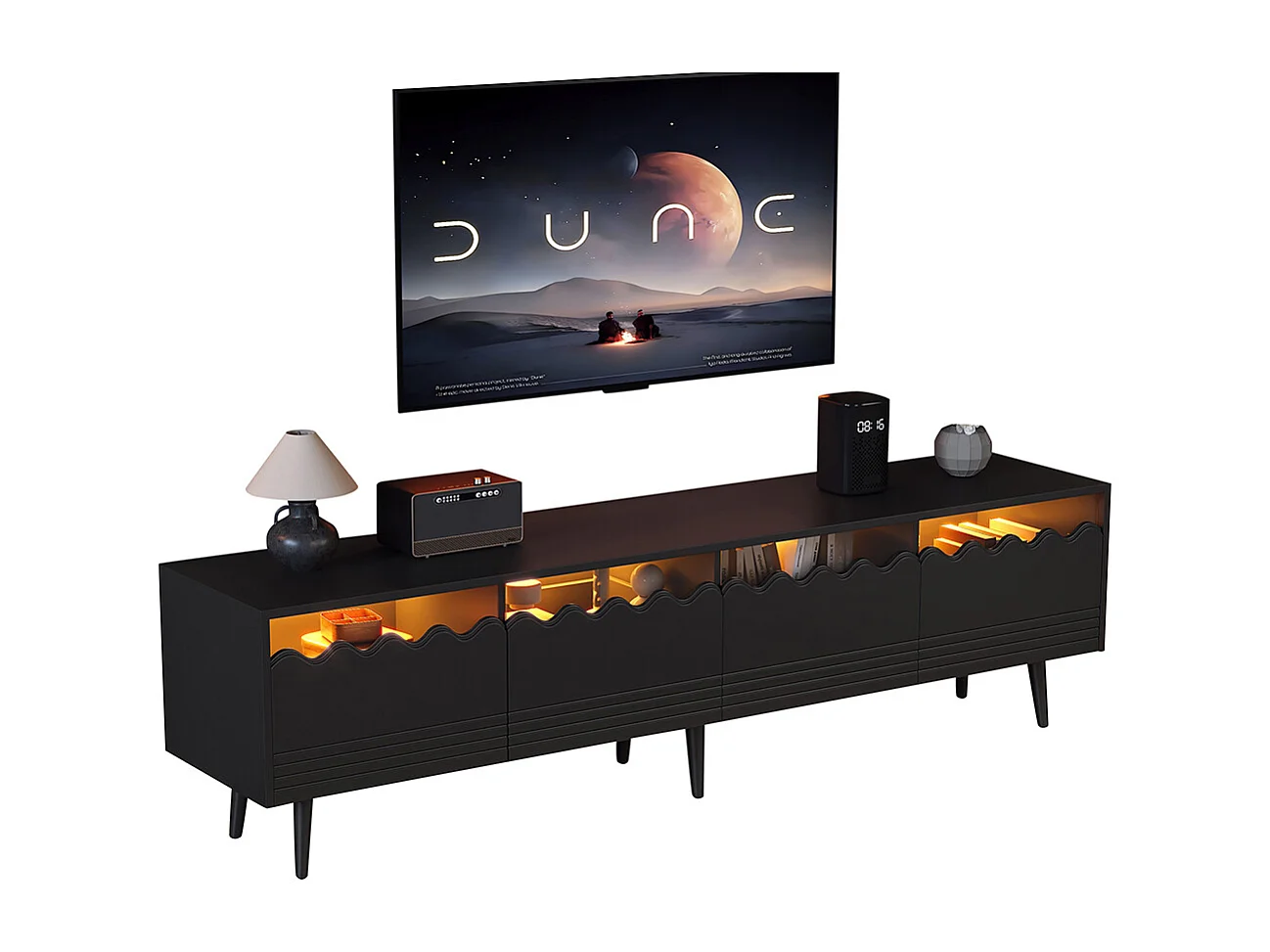 Meuble TV 176x38x45 cm noir 2 armoires 2 tiroirs 6 pieds adapté 75 pouces