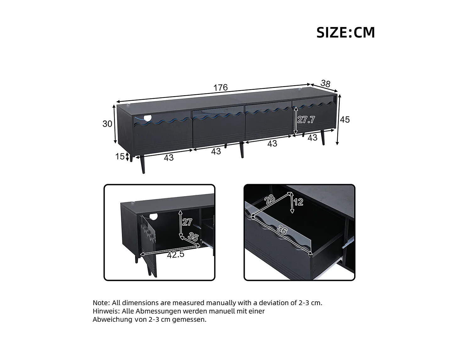 Meuble TV 176x38x45 cm noir 2 armoires 2 tiroirs 6 pieds adapté 75 pouces